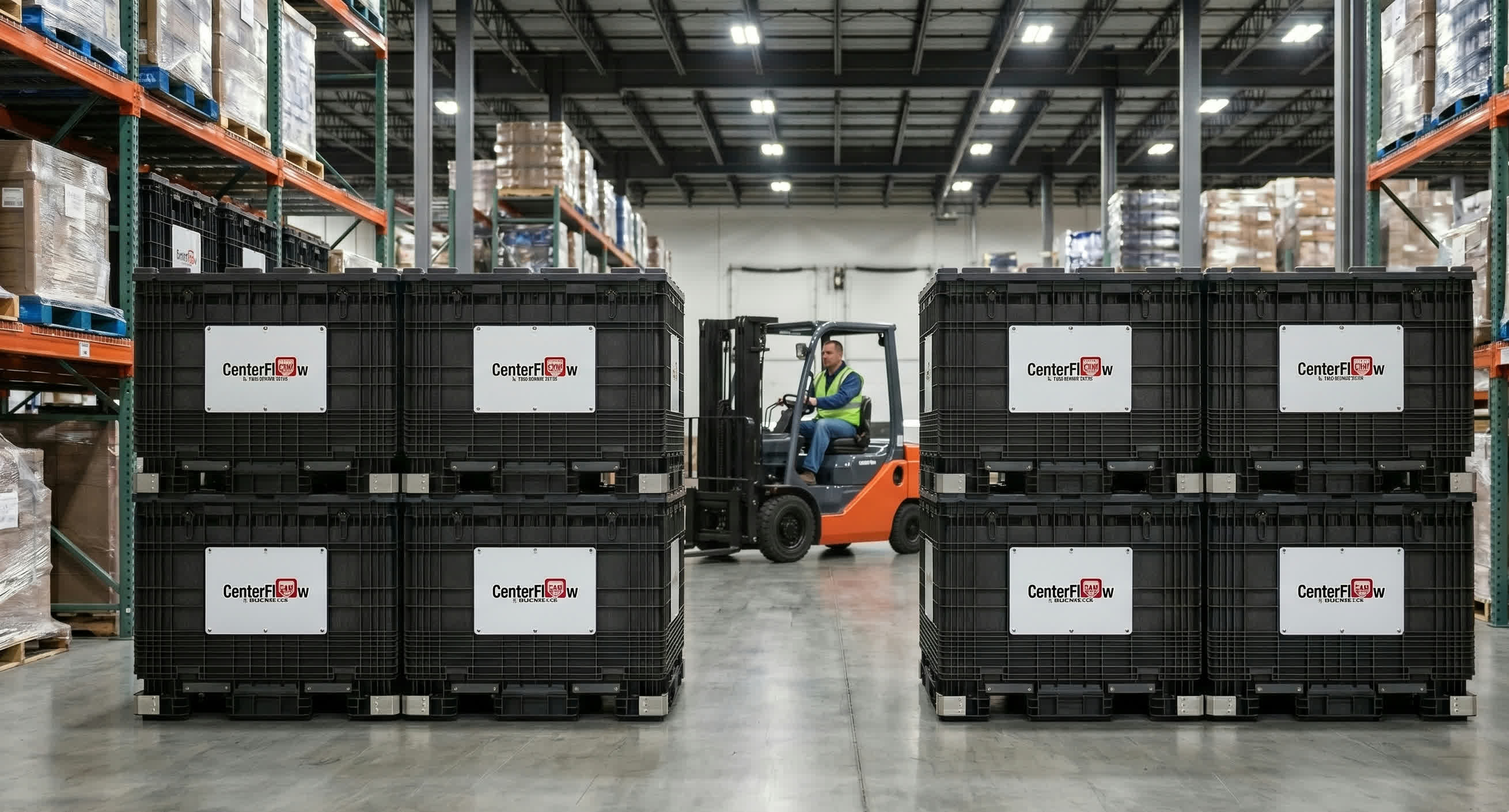Buckhorn CenterFlow seed bins stacked in a warehouse with forklift